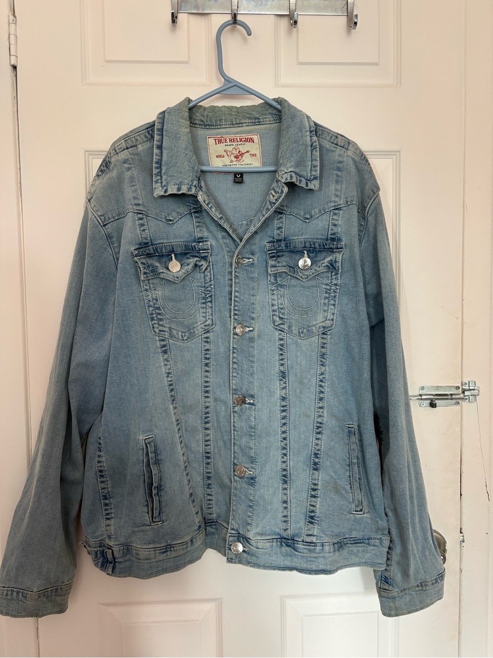 True Religion Washed Light Blue Denim Trucker Jacket - Picture 2 of 7